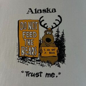 Vintage Alaska Graphic T-Shirt Funny Cartoon "Do Not Feed The Bears" Moose XL 90